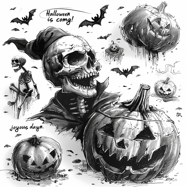 a drawing of a pumpkin with a skeleton on it