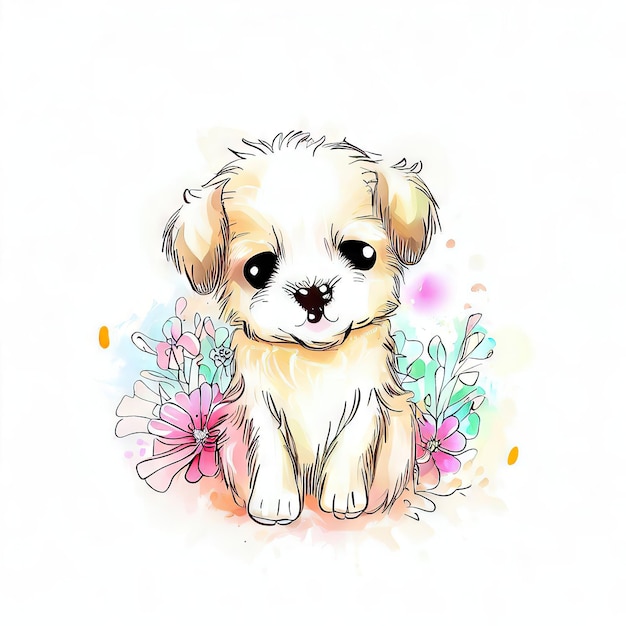 A drawing of a puppy that is on a white background