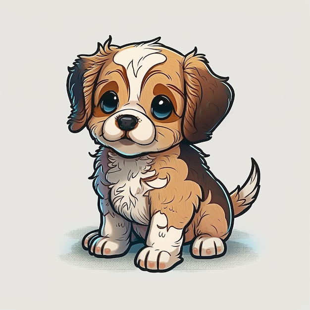 A drawing of a puppy with big eyes sits on a white background.