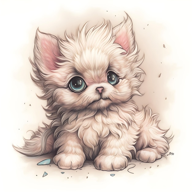 A drawing of a puppy with blue eyes and a long hair.