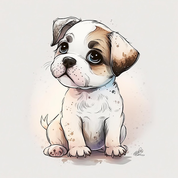 A drawing of a puppy with a brown and white face.