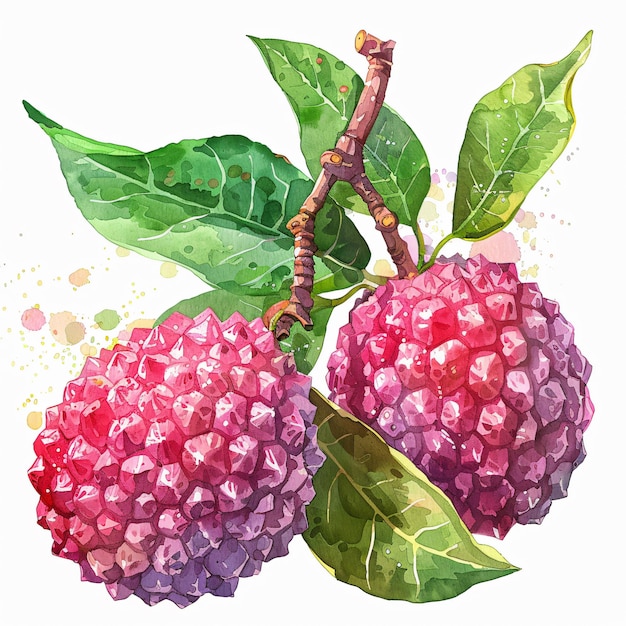 a drawing of purple and pink berries with green leaves and a purple flower