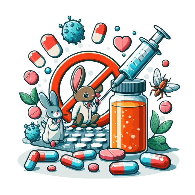 Photo a drawing of a rabbit and a bottle of medicine with a red letter r on it