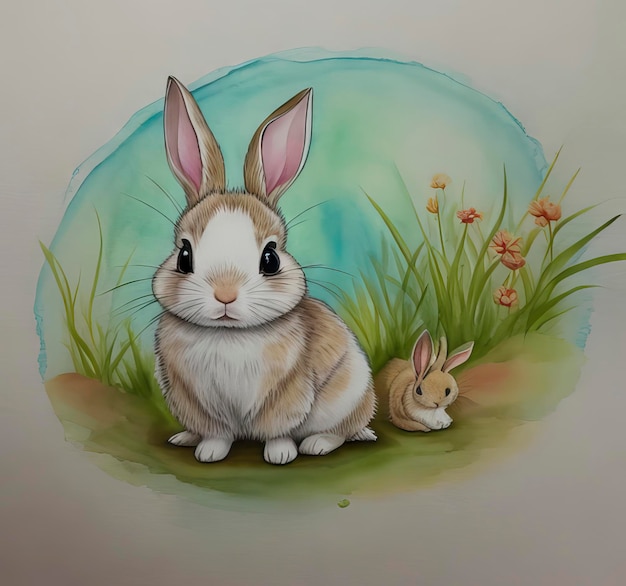 a drawing of a rabbit and a rabbit in a field