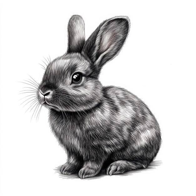 A drawing of a rabbit with a white face and black eyes