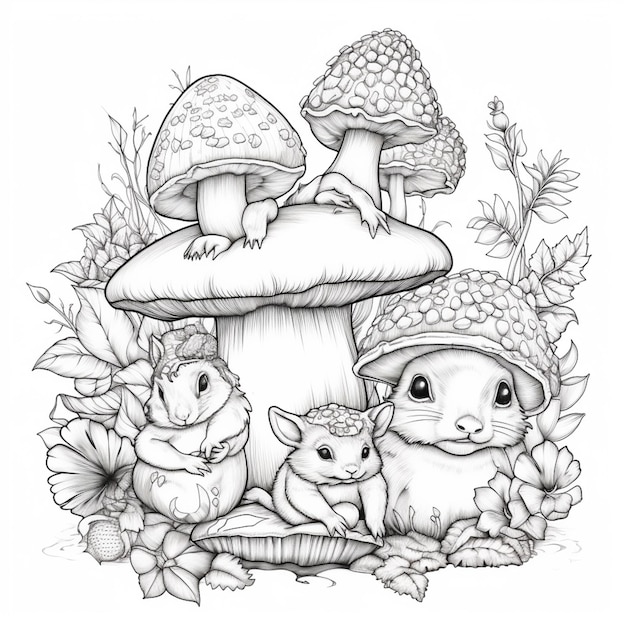 A drawing of rabbits and mushrooms with a mushroom in the background.