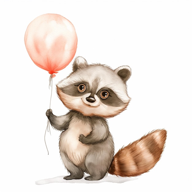 a drawing of a raccoon holding a balloon with a red balloon in the corner