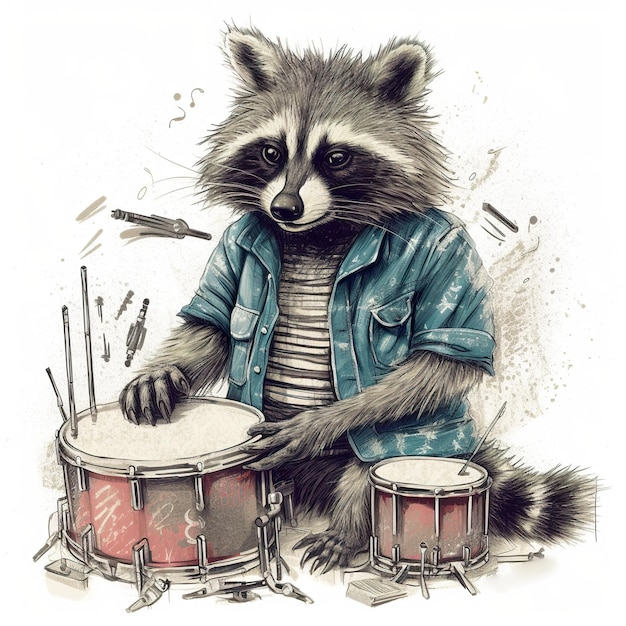 A drawing of a raccoon playing drums Generative AI image