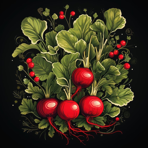 a drawing of a radish on dark background