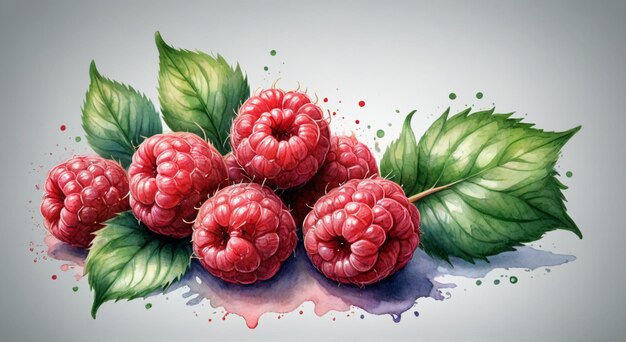 Photo a drawing of raspberries with green leaves and pink berries