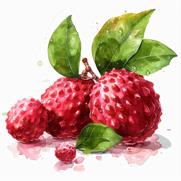 a drawing of raspberries with green leaves and a water droplet