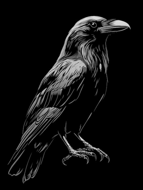 a drawing of a raven with a black background