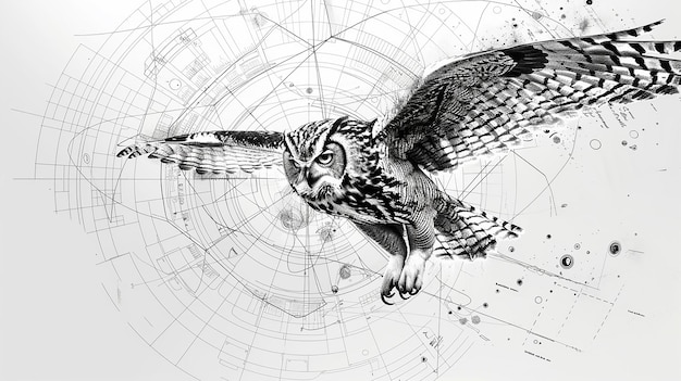 Photo drawing of a real owl flying with solar fusion elements