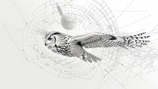 Photo drawing of a real owl flying with solar fusion elements