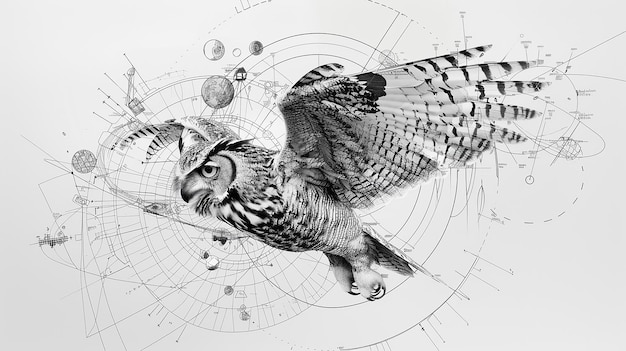 Photo drawing of a real owl flying with solar fusion elements