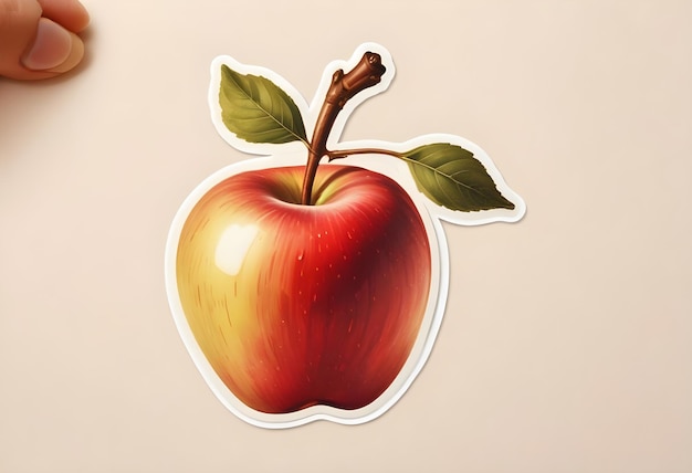 a drawing of a red apple with a green leaf