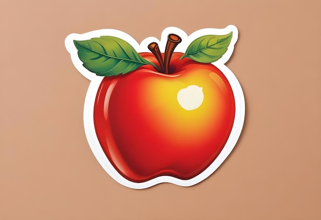 a drawing of a red apple with a green leaf