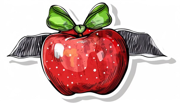 Photo a drawing of a red apple with green ribbon on it