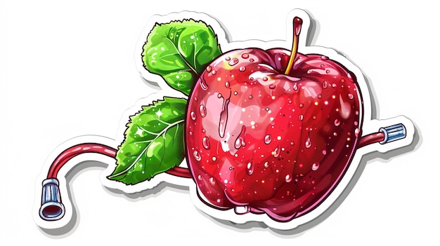 a drawing of a red apple with water drops on it