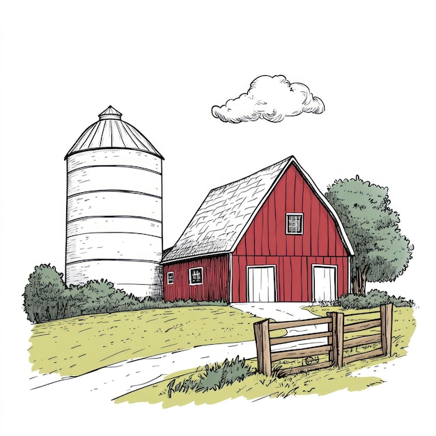 Photo a drawing of a red barn and a silo