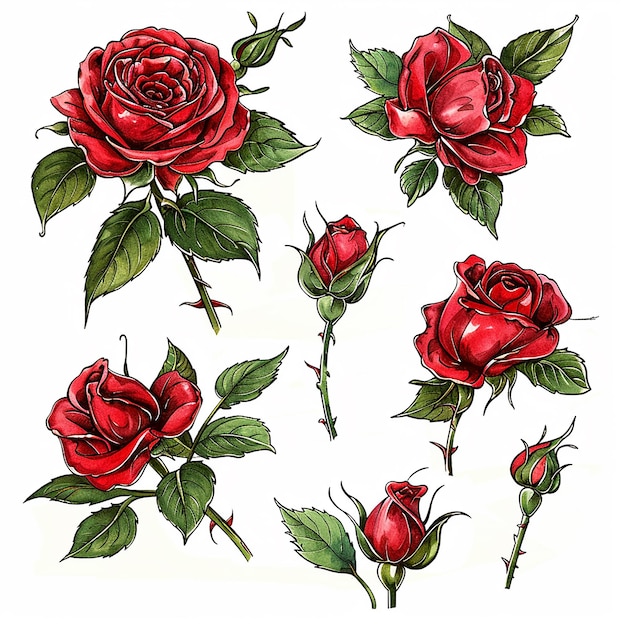 a drawing of red roses with green leaves and leaves