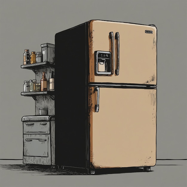 a drawing of a refrigerator with a box on the front and the word  no  on it