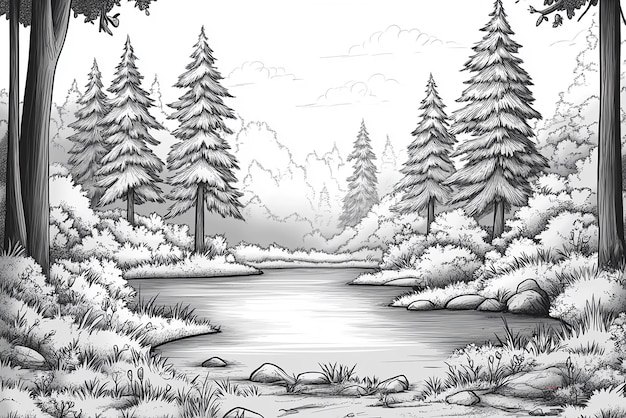 Photo a drawing of a river with trees in the background