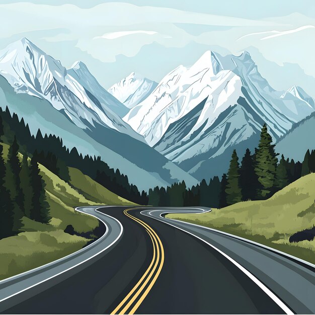 Photo a drawing of a road with a mountain in the background