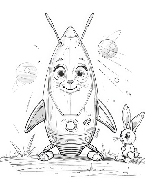 Photo a drawing of a rocket with a rabbit and a rabbit on it