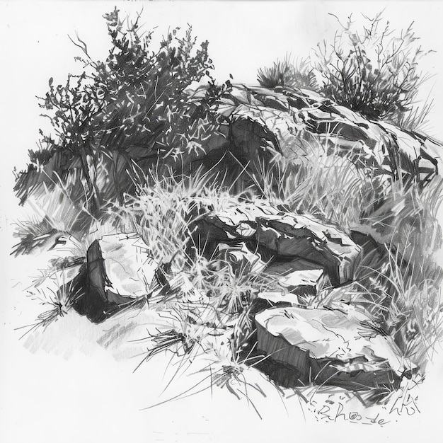 A drawing of a rocky hillside with a few bushes