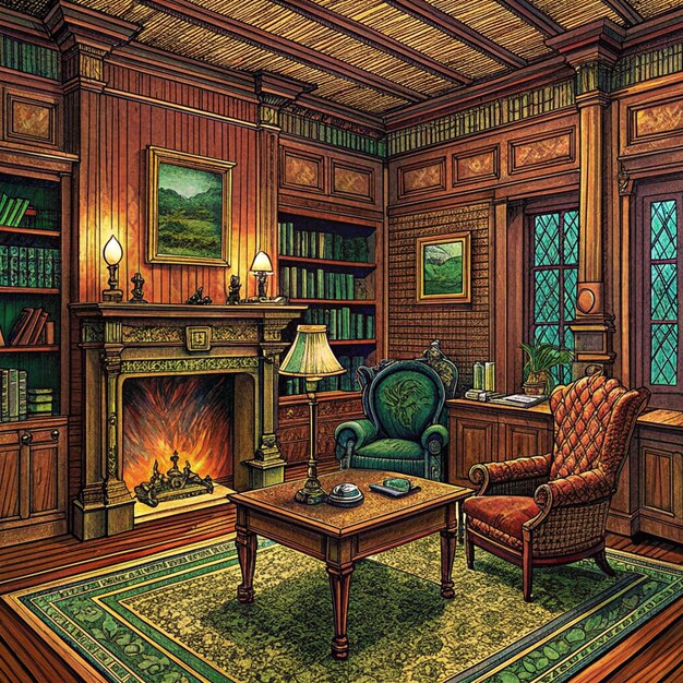 Photo a drawing of a room with a fireplace and a bookcase