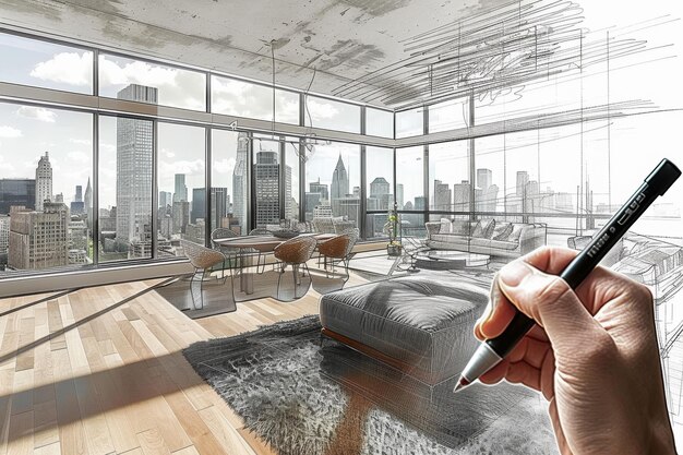 Photo a drawing of a room with a view of a cityscape