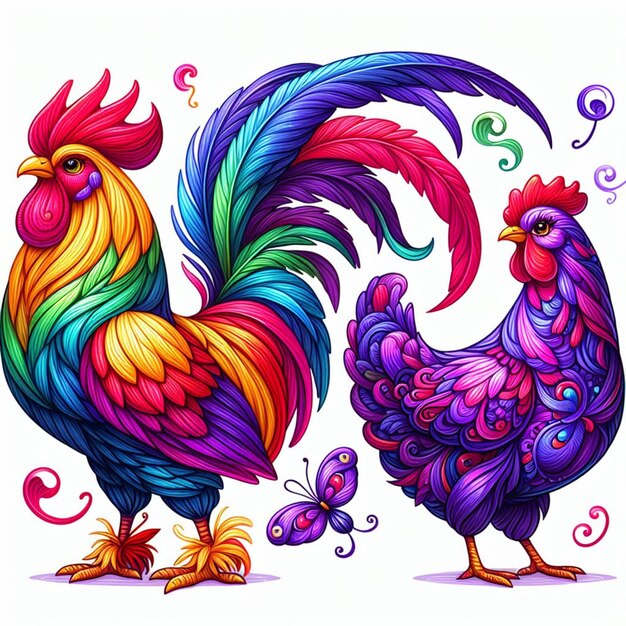 Photo a drawing of a rooster with a colorful tail and a colorful tail