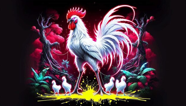 a drawing of a rooster with a red background with a yellow star in the middle