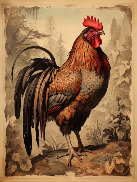 a drawing of a rooster with a red beak.