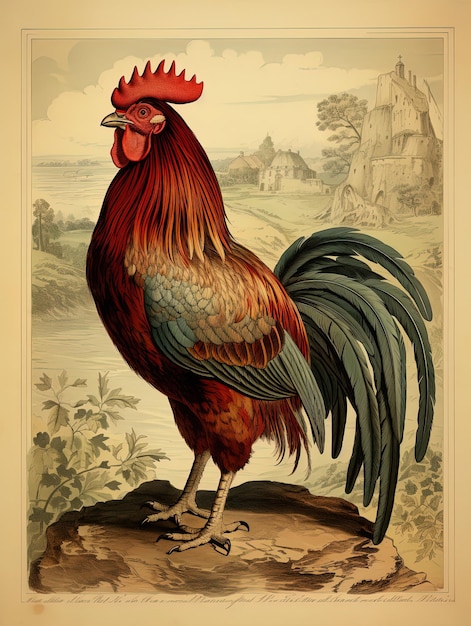 a drawing of a rooster with a red face and a blue tail.