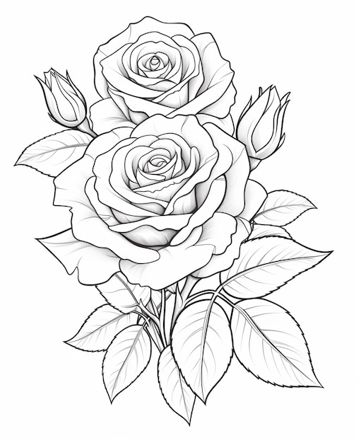 a drawing of a rose with leaves and buds generative ai