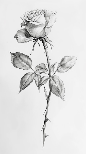 Photo a drawing of a rose with leaves on it