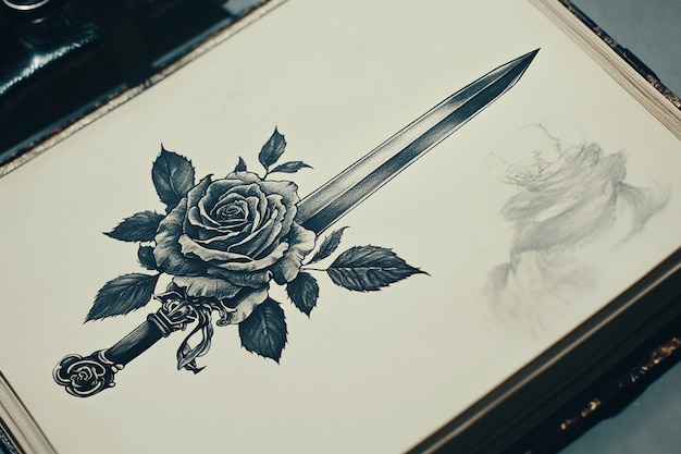 Photo a drawing of a rose with a sword in it