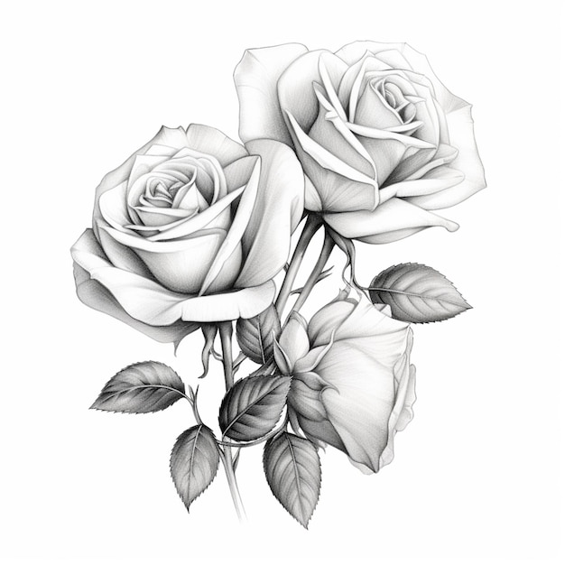 A drawing of roses with the leaves of the leaves