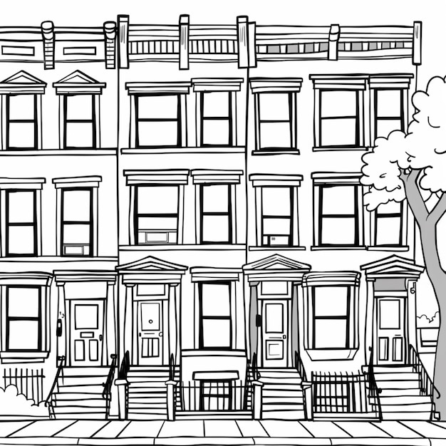 a drawing of a row of houses with a tree in front of them generative ai