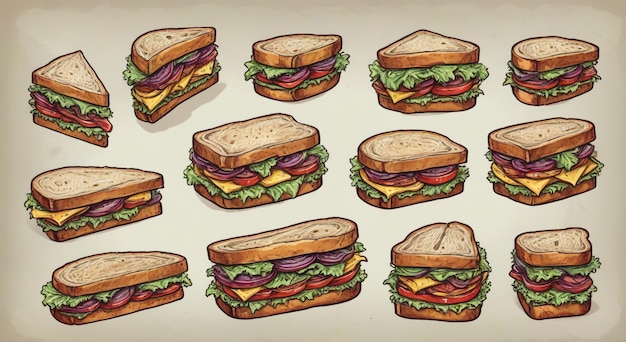 a drawing of a sandwich with different types of cheese and meat