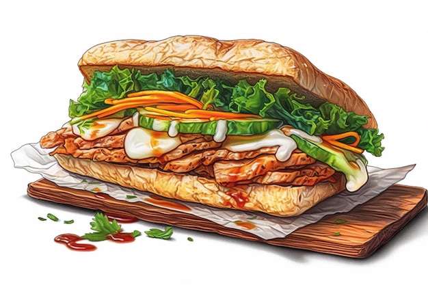 A drawing of a sandwich with meat, vegetables, and sauce.