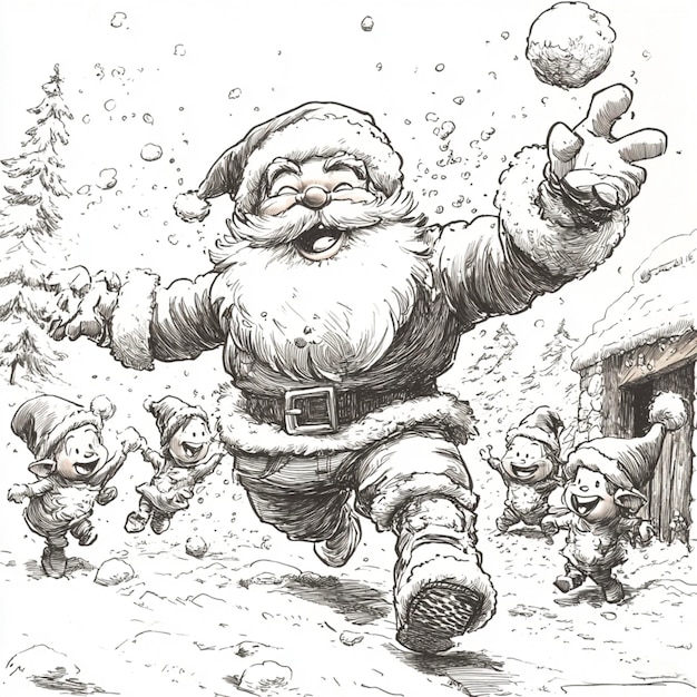 Photo a drawing of a santa claus running through the snow