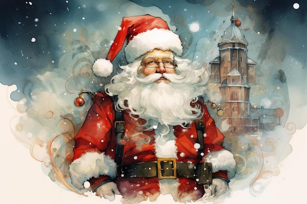 a drawing of a santa claus with a building in the background.