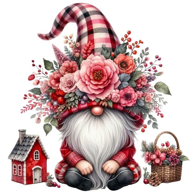 a drawing of a santa hat with flowers and a house in the background