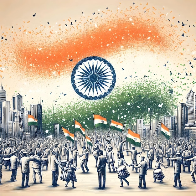 a drawing of a scene with a man holding the flag with the word indian on it