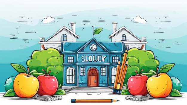 A drawing of a school building with a pencil and apples.