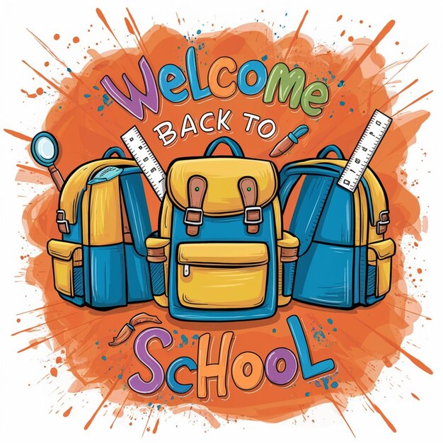 Photo a drawing of a school with a picture of a backpack that says welcome back to school