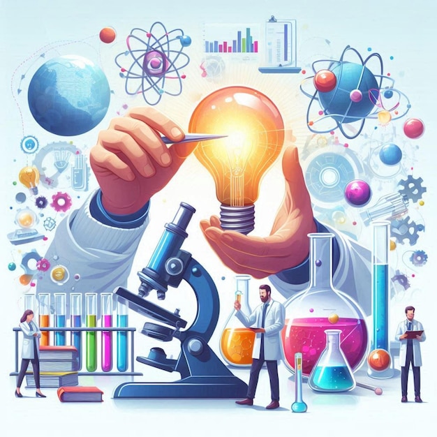 a drawing of a scientist holding a light bulb in his hand